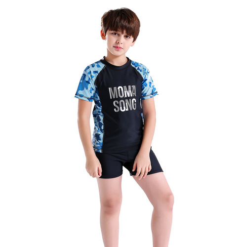 Children's swimsuits for middle-aged and older children, plus size, teen boys' swimming trunks set, students' camouflage split sun protection swimsuit