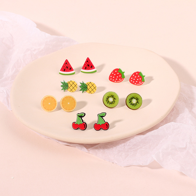 Korean Fruit Childlike Bright Color Strawberry Cherry Acrylic Women's Earrings Set display picture 3