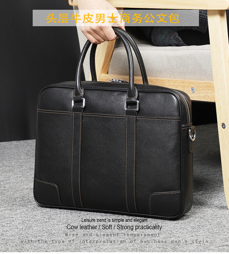Túi xách công sở nam da bò thật dạng ngang đựng laptop 14 inch 39×28×8 cm — Màu đen dây nâu, Màu đen đường đen chi tiết 2
