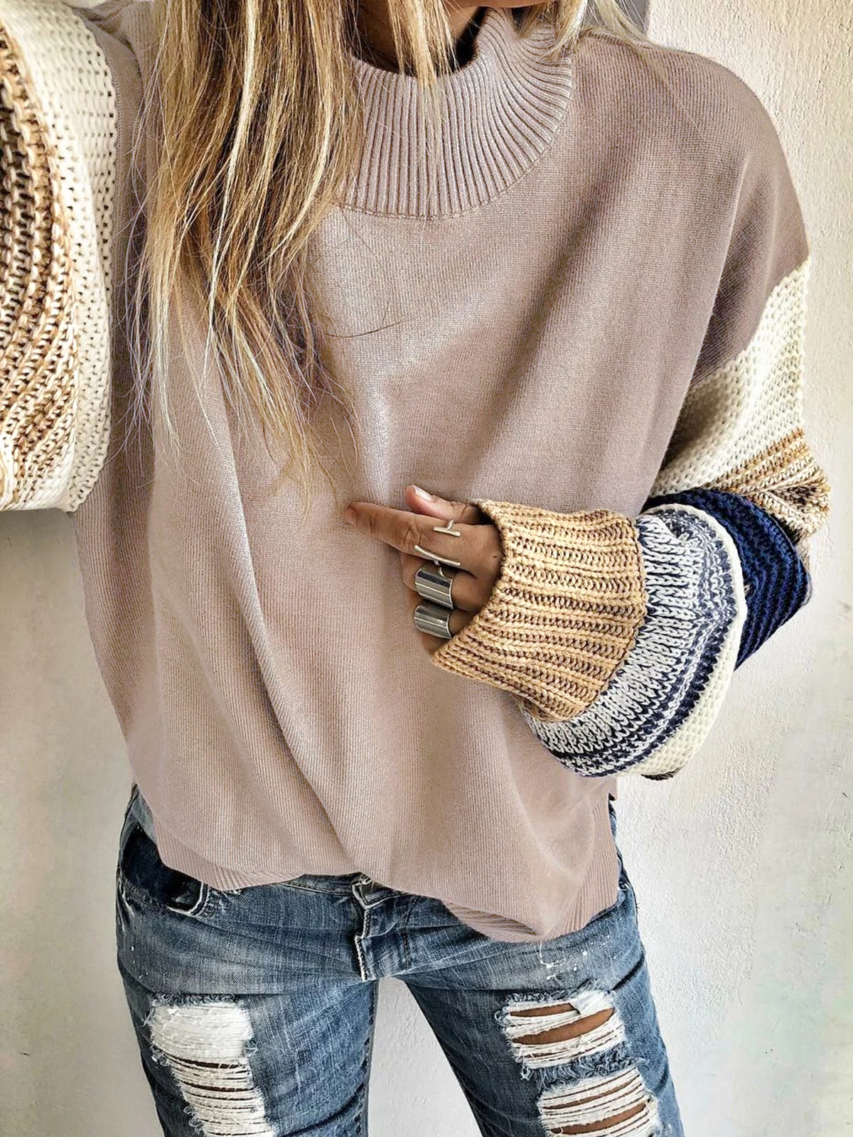 new solid color round neck loose knit sweater  NSLK11387