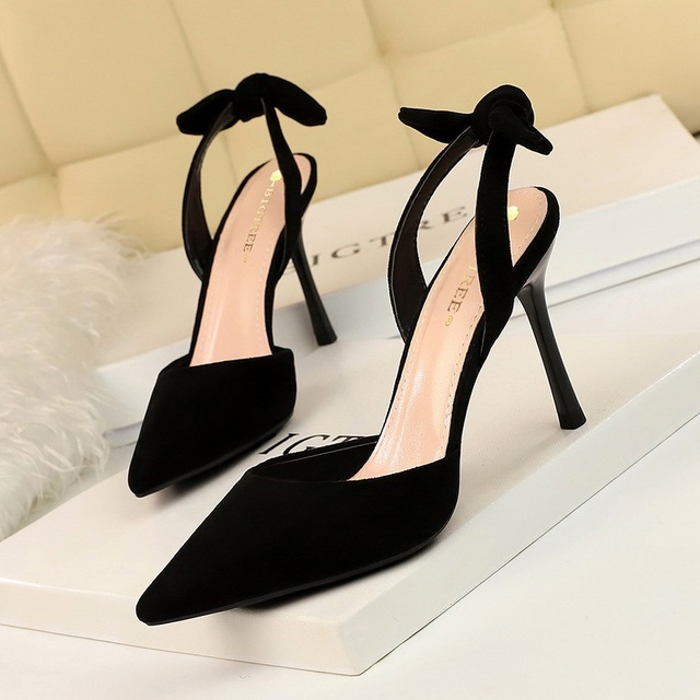 fashionable heel super suede shallow pointed hollowed-out bow-tied 