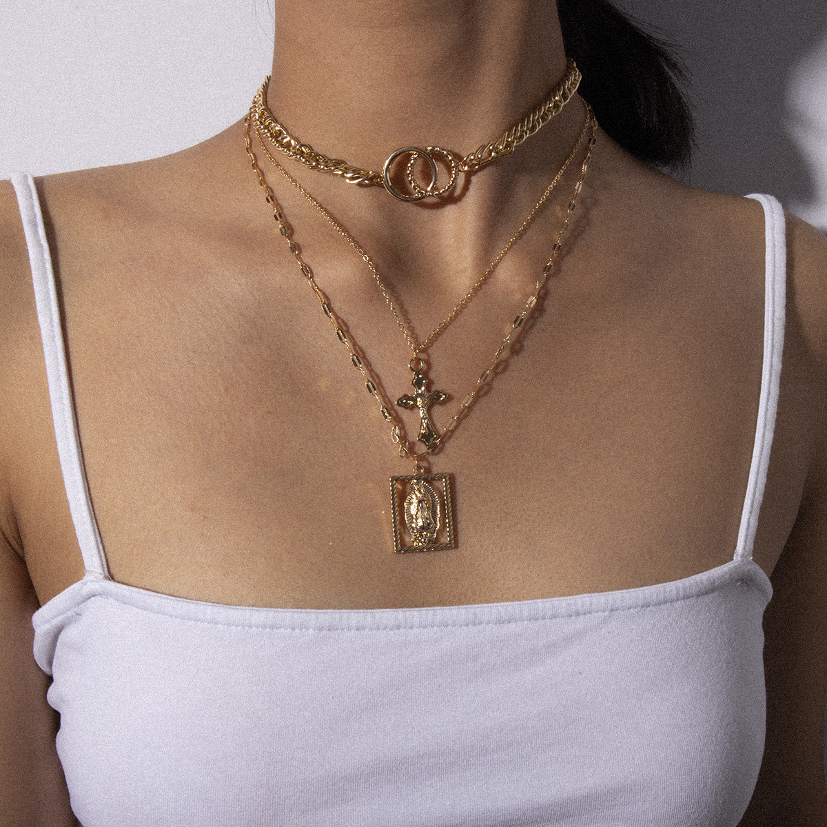 Jewelry Creative Cross Multi-element Necklace Female Retro Multi-layer Double Ring Embossed Jesus Necklace