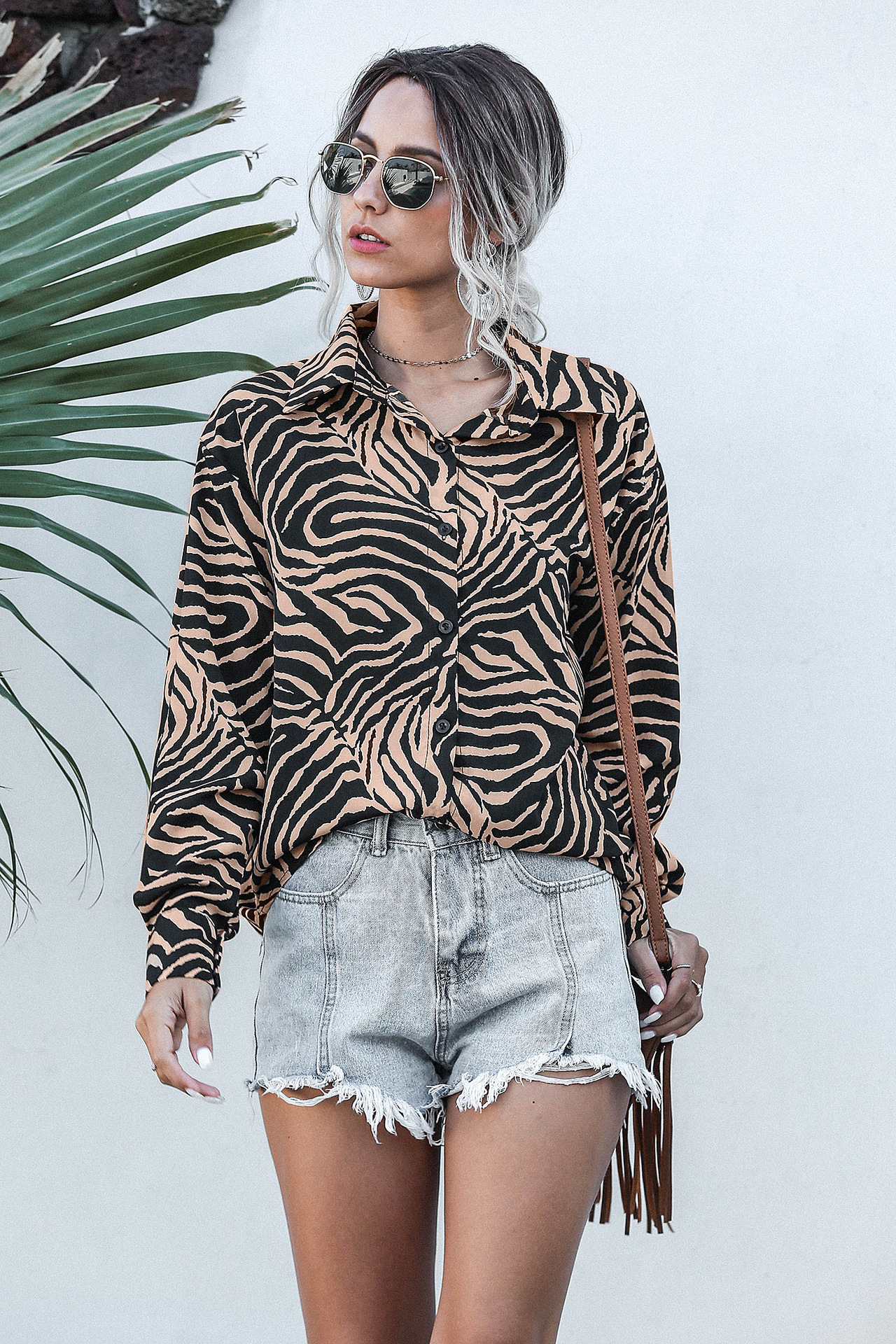 leopard print long sleeve loose chiffon shirt NSMY24587