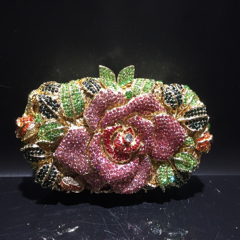 Túi clutch nữ đính kim cương hoa rỗng dạ tiệc — Nền vàng kim cương trắng, Đế vàng kim cương, Màu vàng kim, Màu đen chi tiết 15