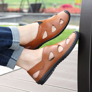 夏季新款爸爸凉鞋头层牛皮男士休闲鞋镂空两用中老年包头洞洞鞋男