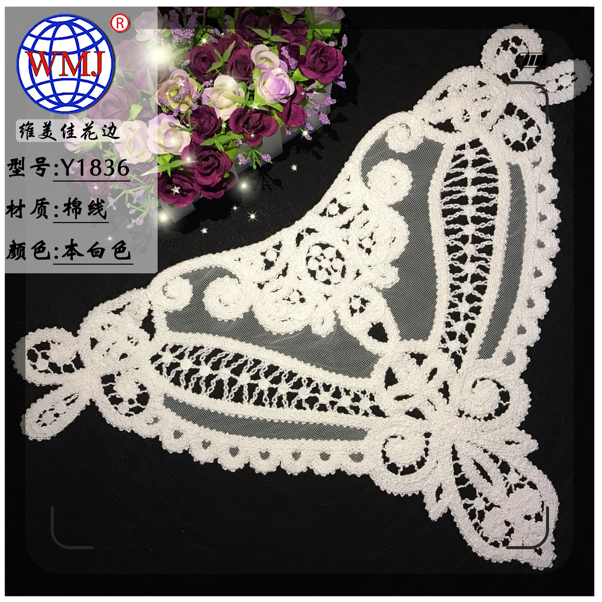 维美佳高档外贸蕾丝镂空刺绣 白色纯棉车骨线网布绣花衣领花