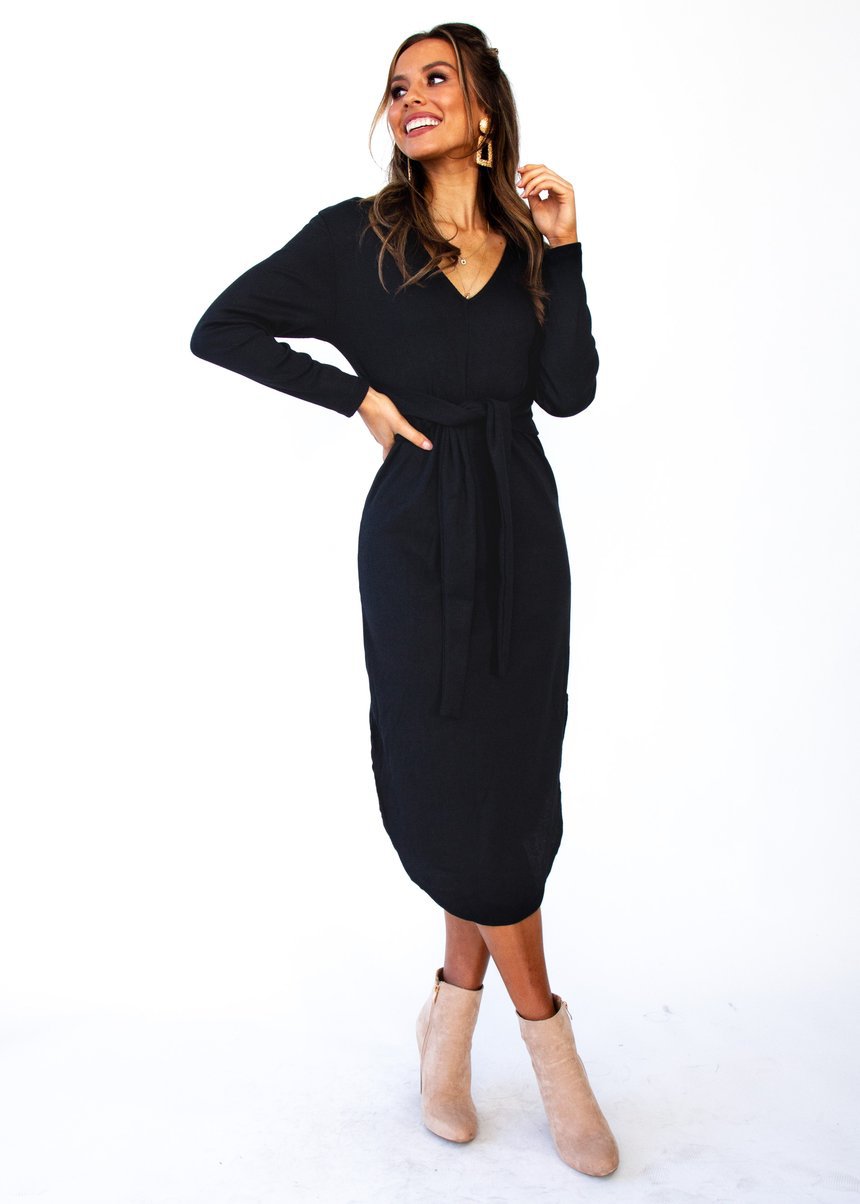 V-neck long-sleeved lace-up solid color mid-length dress NSYD3739