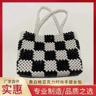 女式单肩包2019新款女包 黑白格亚克力时尚手提女包 竖款方型包