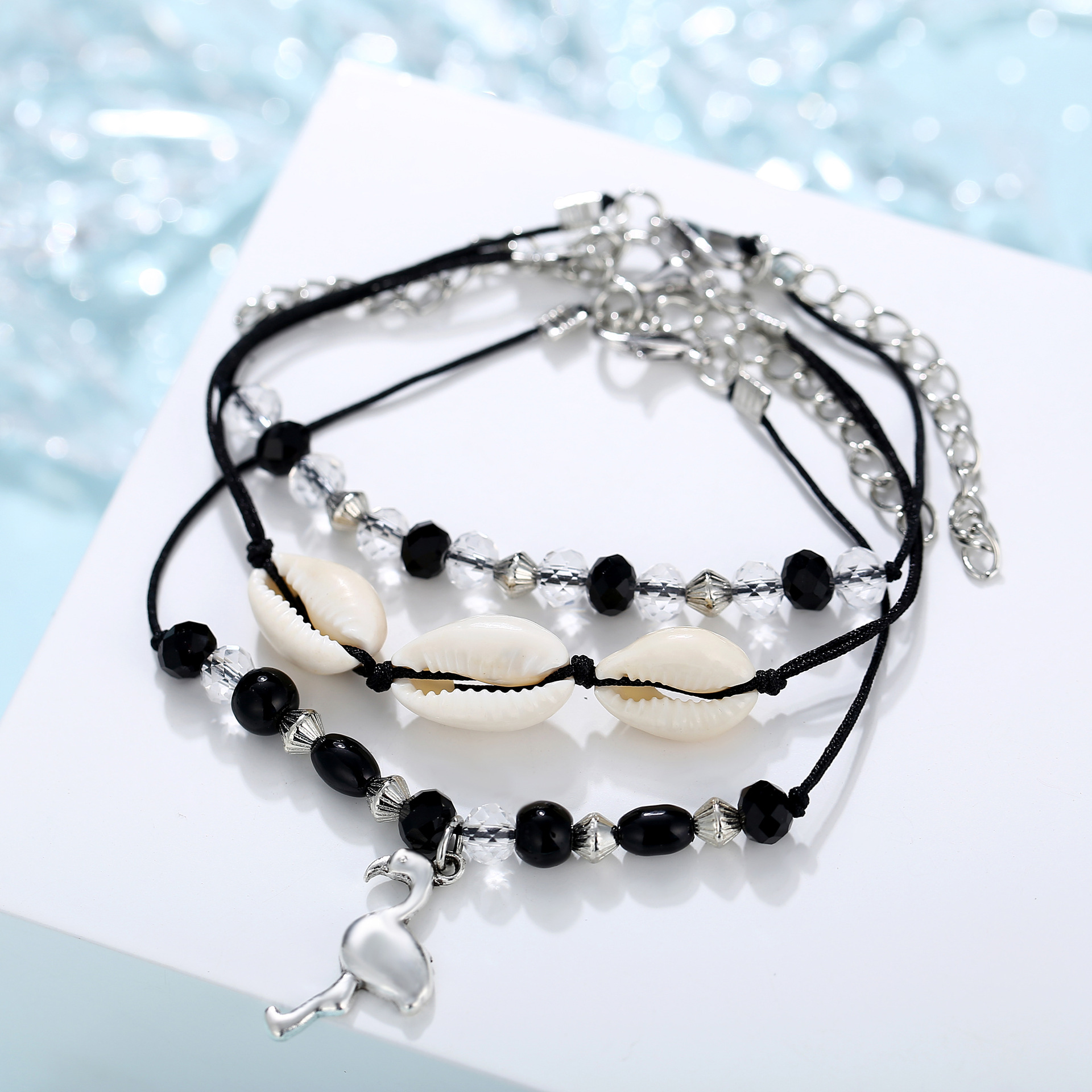 New Anklet Creative Fashion Retro Shell Flamingo Pendant Black Bead Anklet Set 3 Piece Set Wholesale Nihaojewelry display picture 4