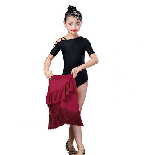 Children Girls wine with black fringed latin dance dresses children's latin dance skirt Practicing performance student latin ballroom competition clothes