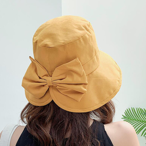 Korean hat women's new style bow solid color fisherman hat net celebrity basin hat summer outdoor sun hat one piece drop shipping