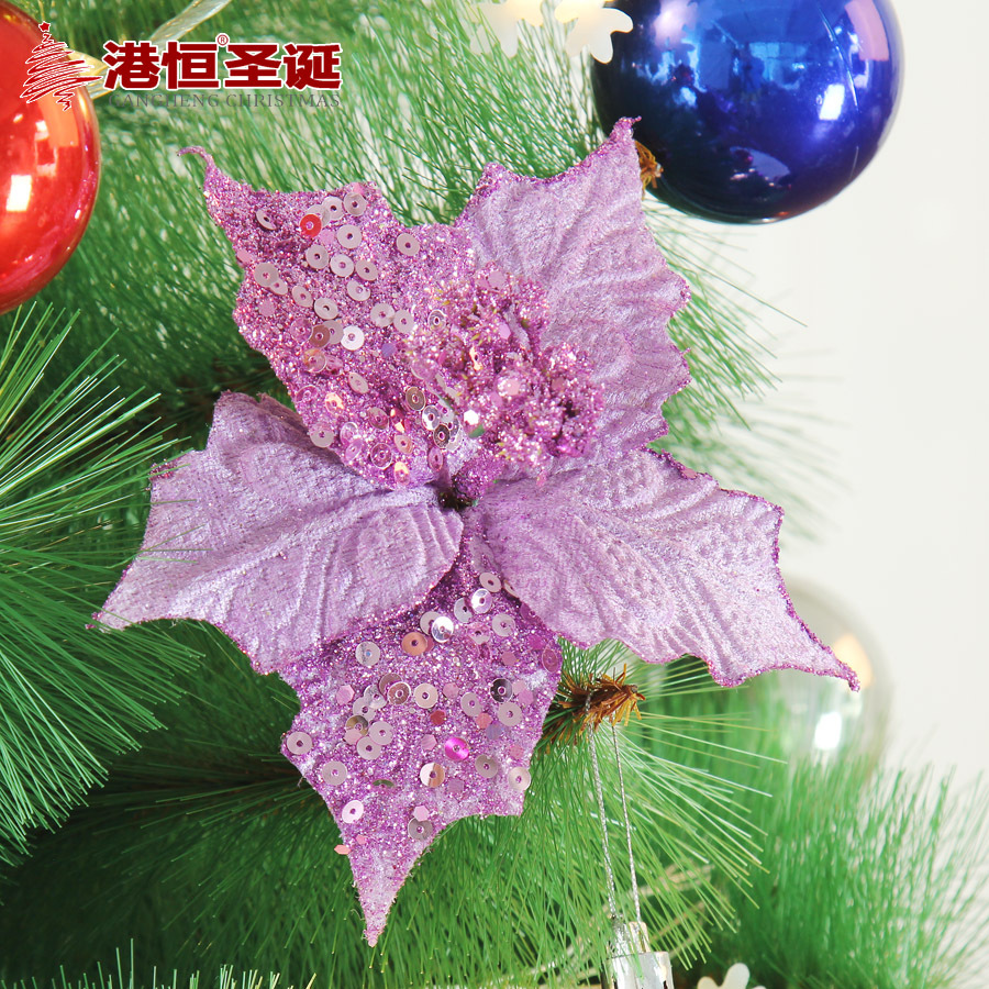 17cm simulación Navidad flor árbol de Navidad DIY Decoración Accesorios Punta esquina pegajosa lentejuelas tela flor falsa Flor de Navidad