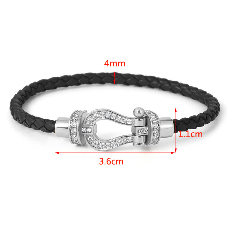 20g Weight 0.03µm Gold Plating Thickness PVD Coated Gold Plating Process Simple Style Commute Horseshoe Zircon Leather Rope Copper Wholesale Bangle