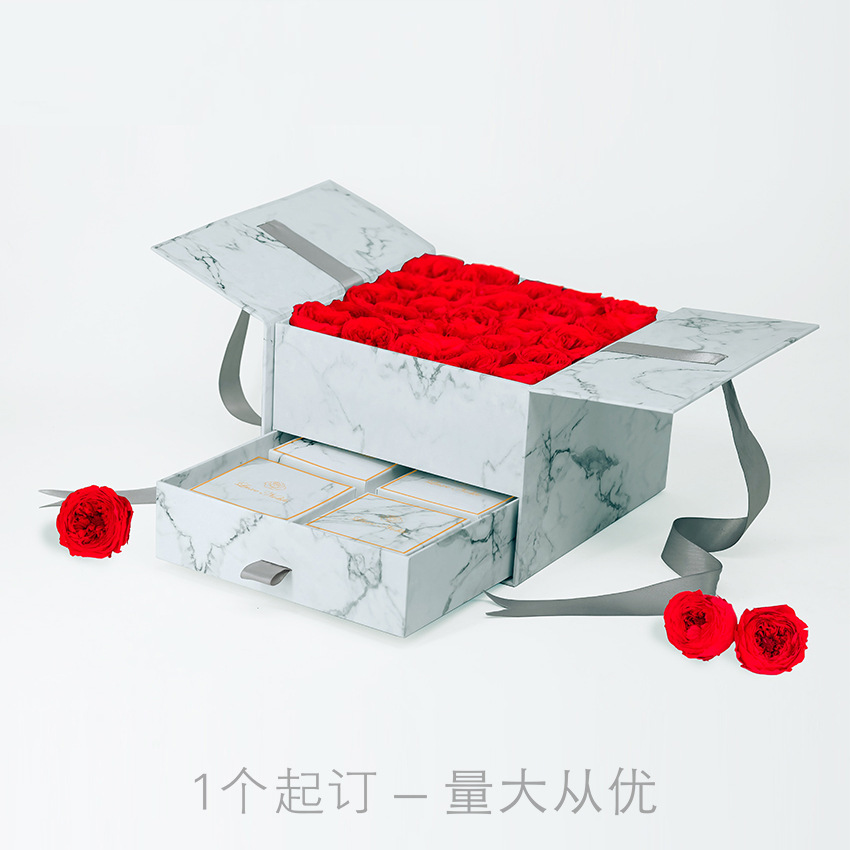 双层月饼盒鲜花盒大理石纹翻盖精装盒永生花包装中秋手工礼盒定制