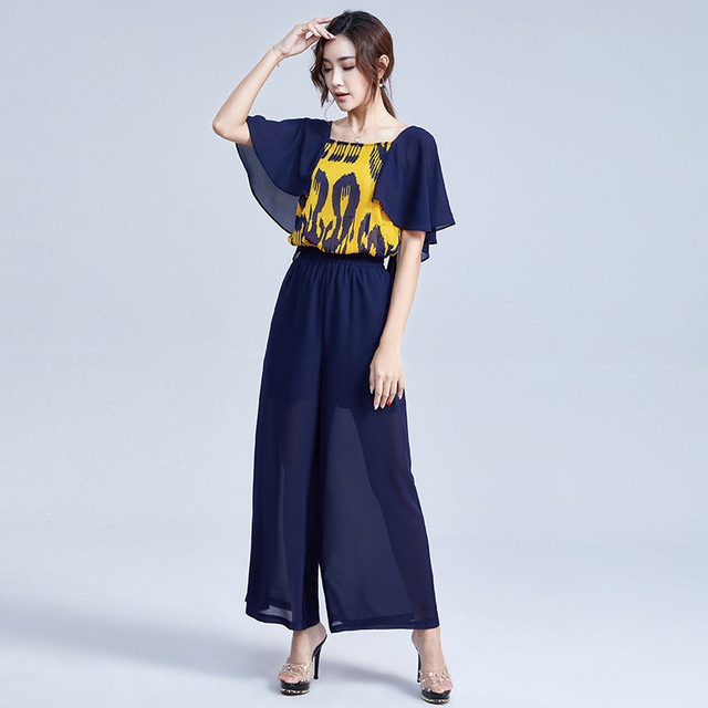 Printed Chiffon irregular wide-legged trousers suit women’s summer new style European and American style long and loose 