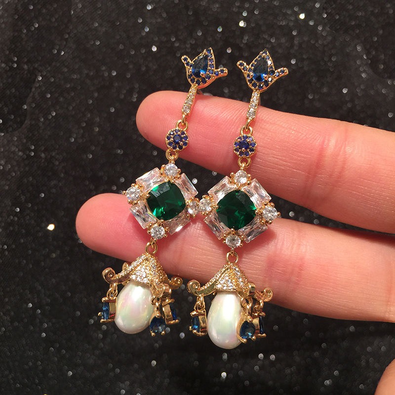 Fashion Flower Earrings Long Emerald Micro Set Zircon S925 Silver Pearl Tassel Earrings display picture 4