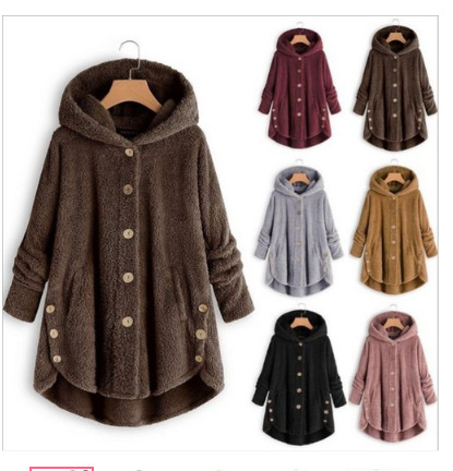 亚马逊ebay2019冬新时尚女装欧美纽扣毛绒上衣不规则潮牌纯色外套