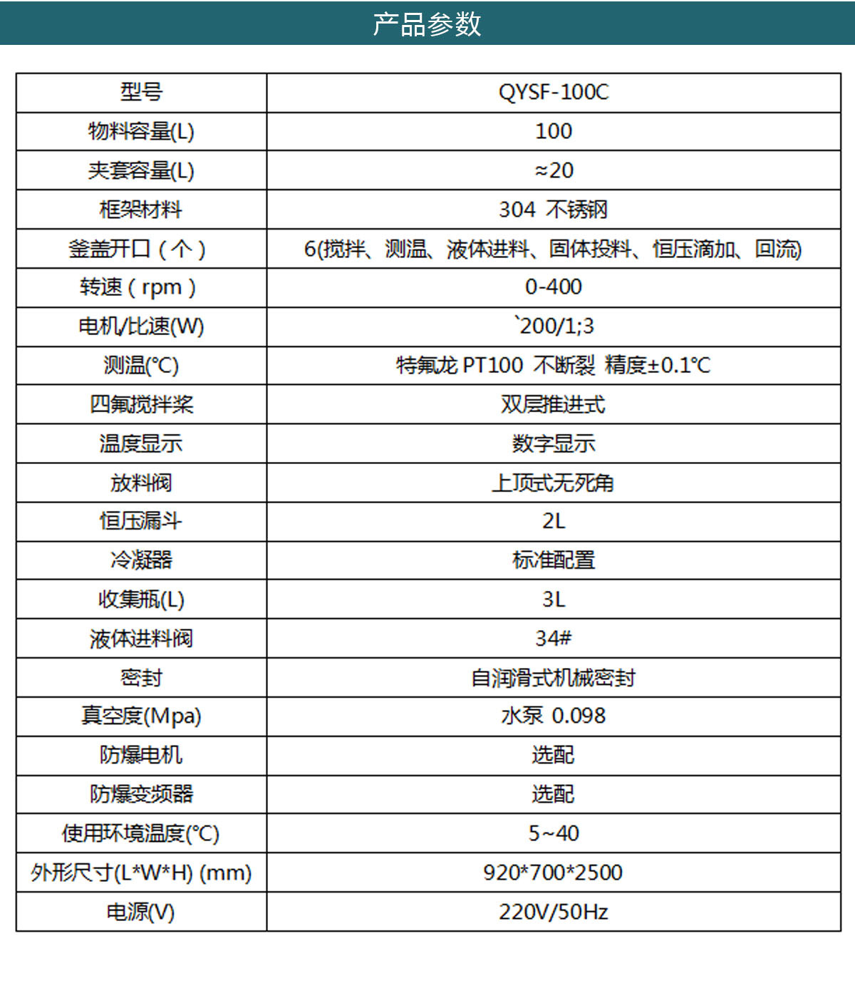 B100C反应釜参数