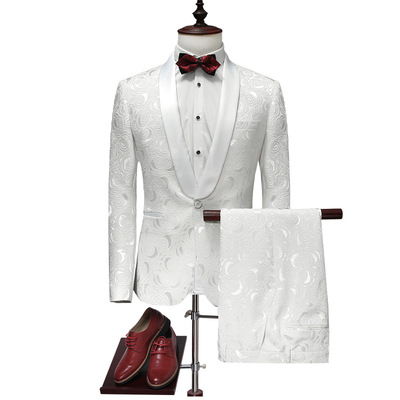 跨境爆款外贸时尚韩版西装两件套结婚新郎白色礼服花西服套装男