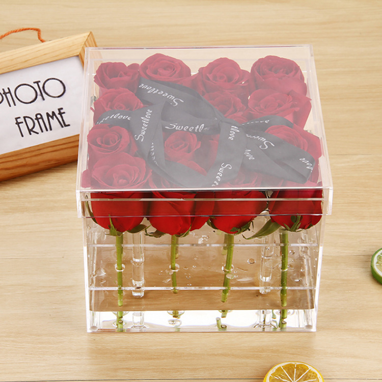 新款高透明亚克力正方爱心 透视翻盖玲珑盒 九孔玫瑰鲜花盒礼品盒