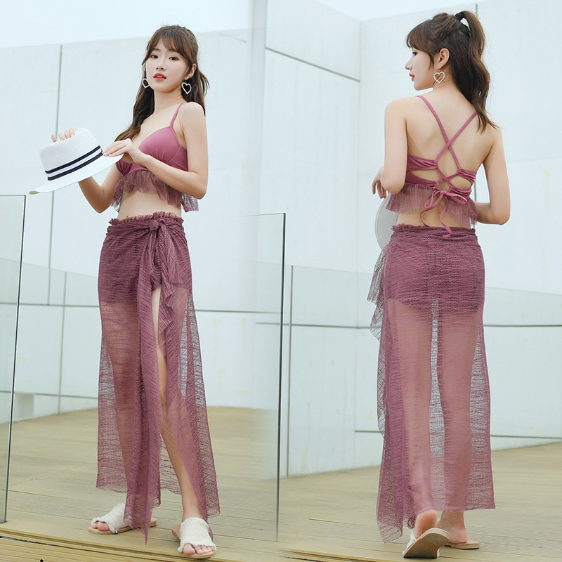 2019新款女士分体三件套带罩衫韩版修身平角泳裤显瘦温泉泳装批发|ms