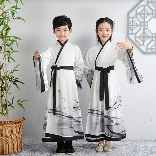 Children white black chinese ancient folk costume Hanfu warrior robe girls traditional Chinese clothing  Chinese Hanfu performance Cosplay kimono clothing