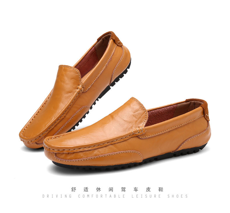 Giày lười nam da bò thật kiểu lái xe mũi tròn đế bệt, thoáng khí quanh năm — màu xanh lam, màu đen, xanh lam lót nhung, Màu nâu chi tiết 35
