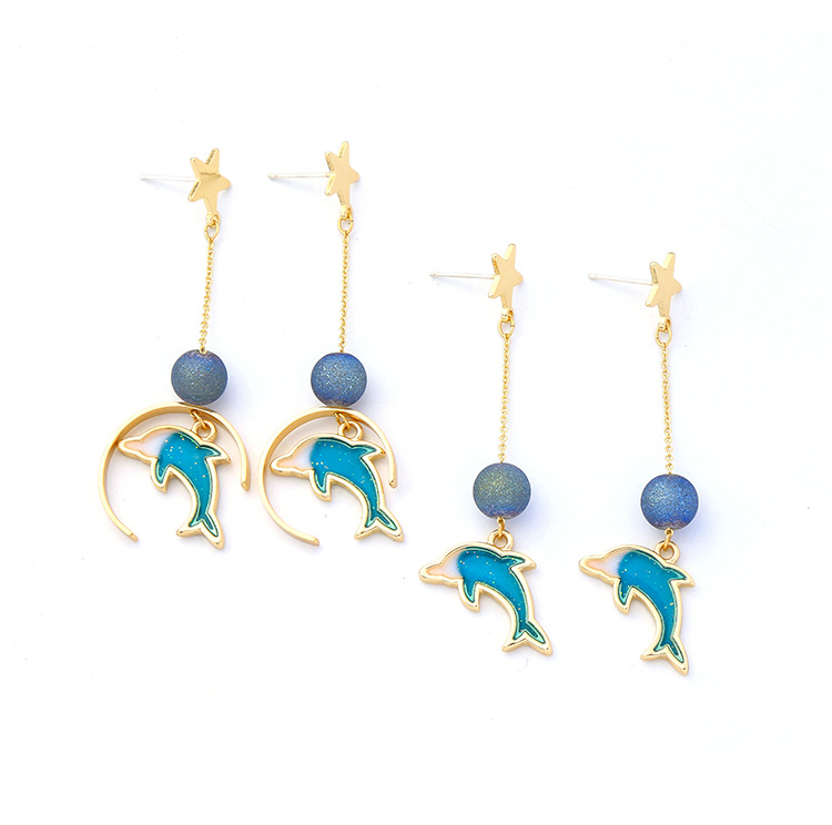 Sterling Argent Aiguille Émail Baisse De Pétrole Mignon Dauphin Gouttes Pour Les Oreilles Boucles D'oreilles Pour Femmes Long Européen Et Américain Freshess Boucles D'oreilles Ed02124d display picture 3