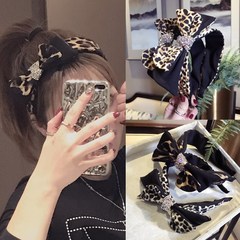 韓國新款品質批發髮飾韓版豹紋雙層蝴蝶結鑲水鑽超閃寬邊發箍頭箍