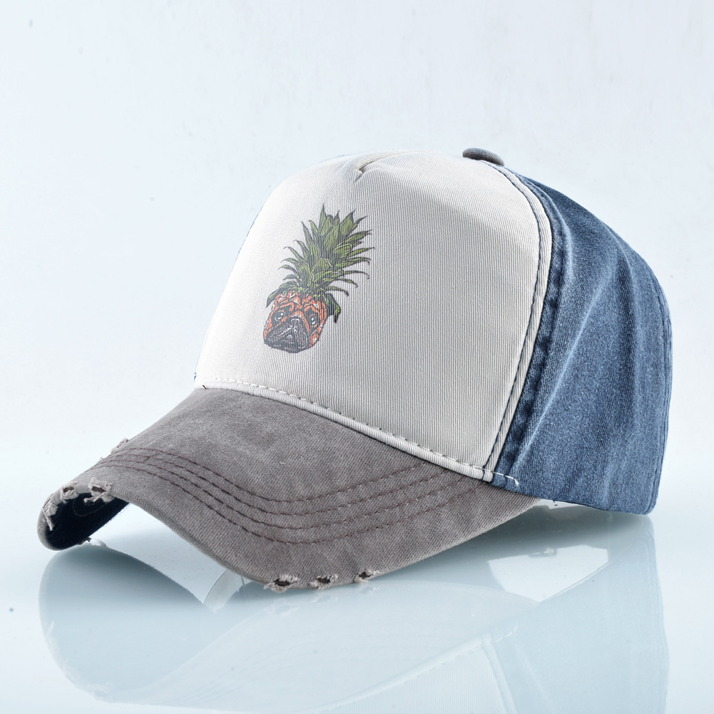 Cappellino da baseball in denim lavato con stampa ananas e cane, ideale per donna, primavera/estate, street dance, hip hop, coppia, taglia unica, regolabile, con becco d'anatra._voghion.com