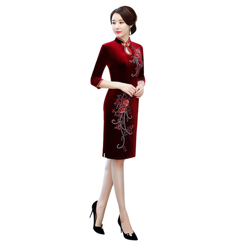 Chinese Dresses Qipao for women robe chinoise cheongsam Velvet cheongsam nail bead elastic dress