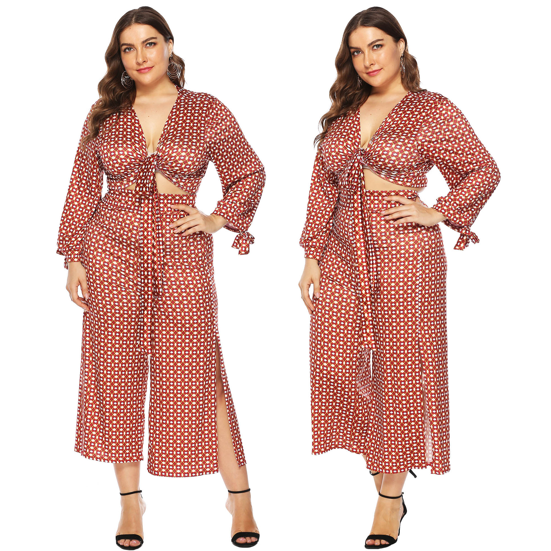 plus size polka dot print tie long sleeve split cropped trousers top suit NSOY27366