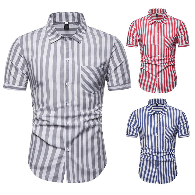 Fashion Coarse Stripe Short-sleeved Men’s Turn-collar Shirts