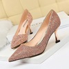 European and American fashion metal heel high heel shallow mouth pointed sparkle sexy nightclub single shoes high heels