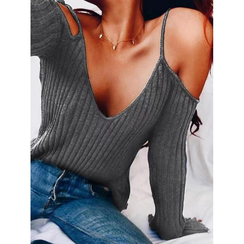 V-neck Shoulder-Baring T-shirt