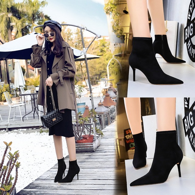 European and American fashion simple thin heel high suede pointy sexy nightclub show thin short boots women and nude boo