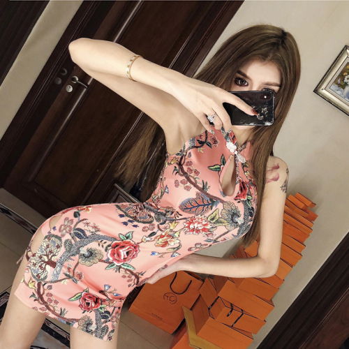 Pink black chinese retro qipao Nightclub print side slit hollow bag hip sexy dress cheongsam