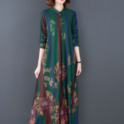 2019秋季新款女装原创文艺复古盘扣印花连衣裙宽松大码民族风长裙|ru