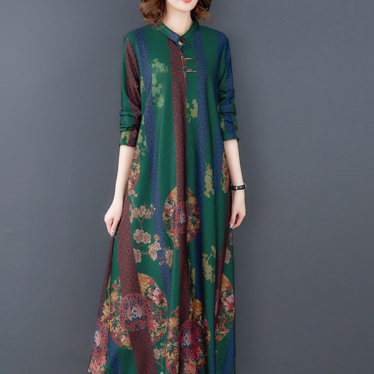 2019秋季新款女装原创文艺复古盘扣印花连衣裙宽松大码民族风长裙|ru