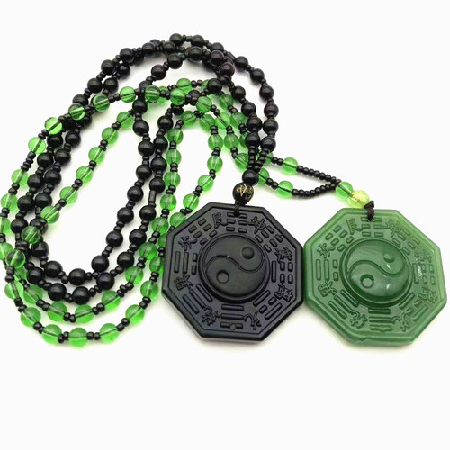 2pcs green jade Tai Chi Bagua Pendant Obsidian Crystal pray Necklace for Men and Women Feng Shui Buddhist Necklace Scenic Temple Fair