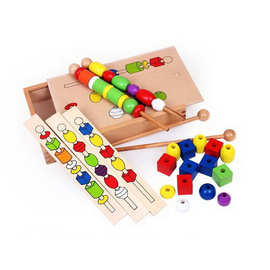 现货外贸出口木制 智力串珠盒 形状色彩 串珠盒 蒙氏教具早教玩具