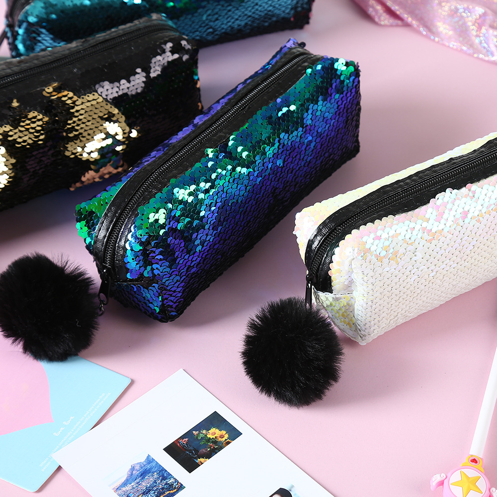 Fashion New Fur Ball Sequins Cosmetic Pencil Case Mermaid Storage Bag display picture 3