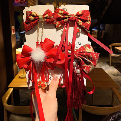 中國風兒童發卡漢服發飾新年複古女童蝴蝶結流蘇飄帶發夾過年頭飾
