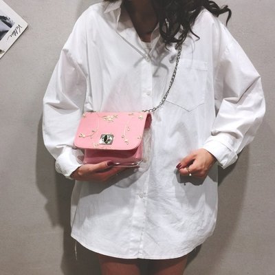 蕾丝拼接透明转锁单肩斜挎单肩包锁扣小方包PU革PU|ms