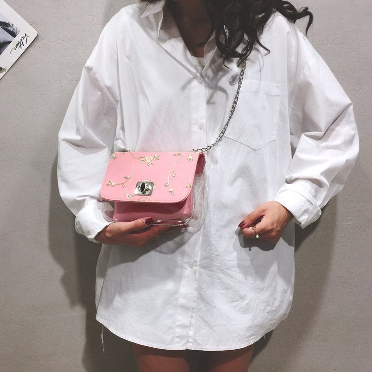 蕾丝拼接透明转锁单肩斜挎单肩包锁扣小方包PU革PU|ms