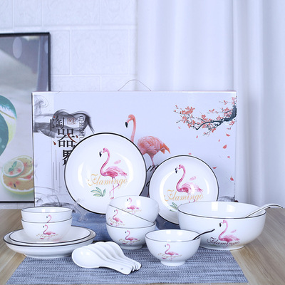 黑边陶瓷餐具火烈鸟青花瓷碗套装礼品礼盒装碗筷开业赠品定制批发|ms