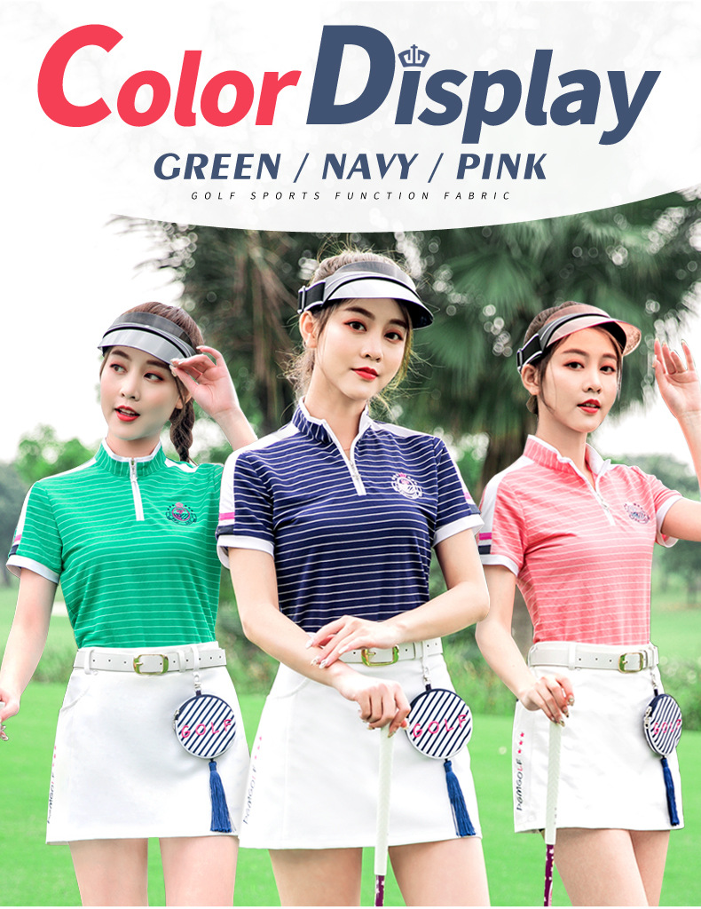 Bộ đồ golf nữ tay ngắn sọc mùa hè — YF075-màu xanh đậm, YF186 nữ sọc ngắn tay màu hồng trắng, YF186 nữ tay ngắn sọc xanh đậm trắng, YF075-màu đỏ hoa hồng chi tiết 5
