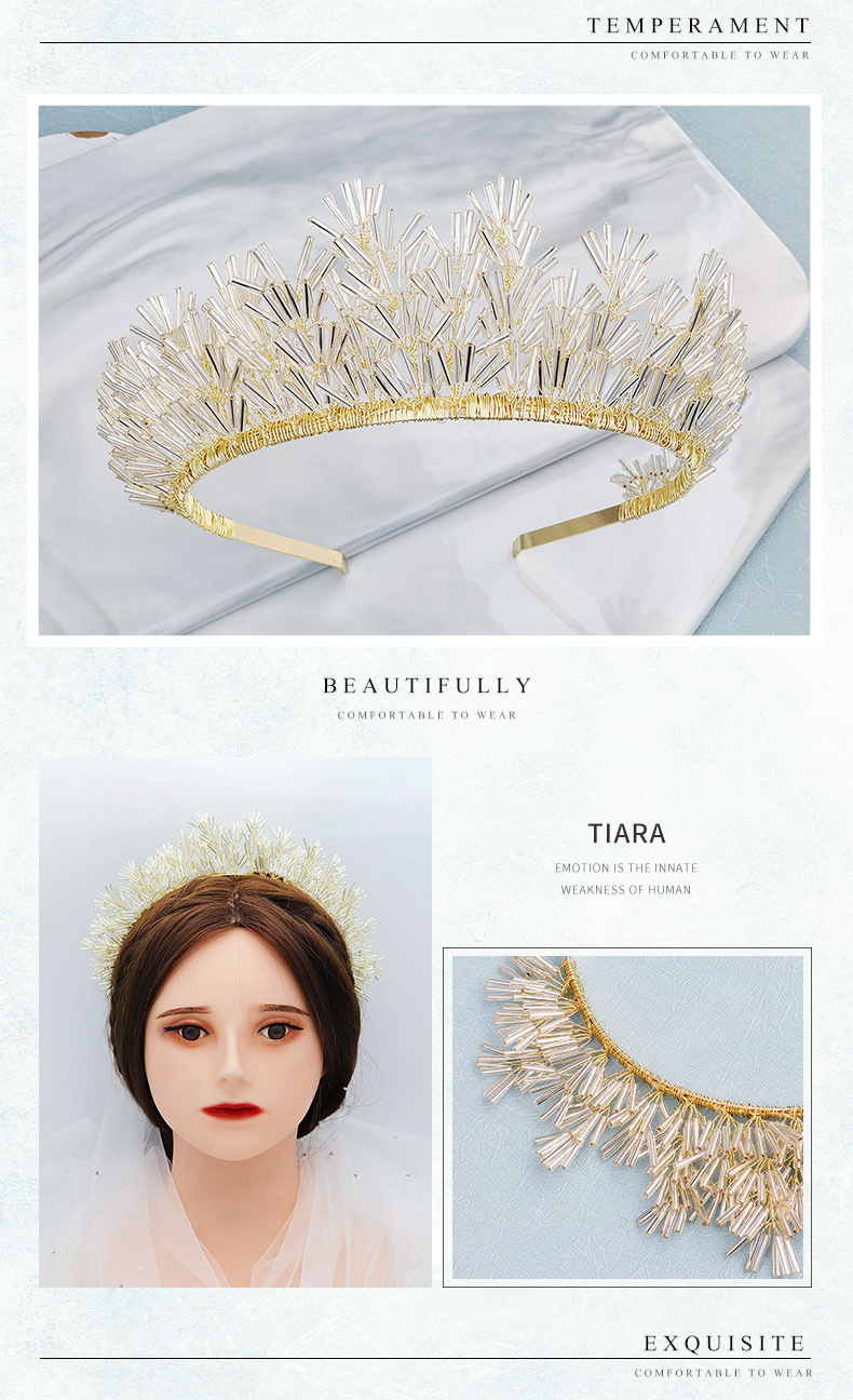 Retro Handmade Beaded Queen Crown Headdress Bride Wedding Birthday Party Hair Hoop Wholesale Nihaojewelry display picture 3