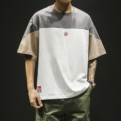 2019夏季日系简约男士短袖T恤青少年学生拼色 五分袖上衣半袖男装|ru