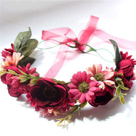 欧美酒红珍珠绒花环高档仿真玫瑰花朵发箍海边度假拍照写真头箍